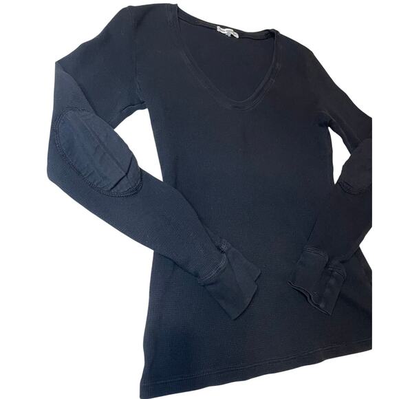 Standard James Perse Black Waffle Knit Long Sleeve V Neck Tee Size 2 (Med) - Picture 5 of 9
